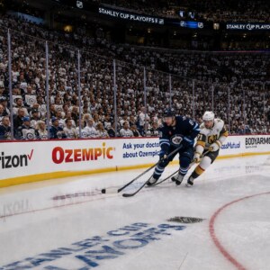 Hockey playoff arena with Ozempic advertisement discussing weight loss messaging in sports culture