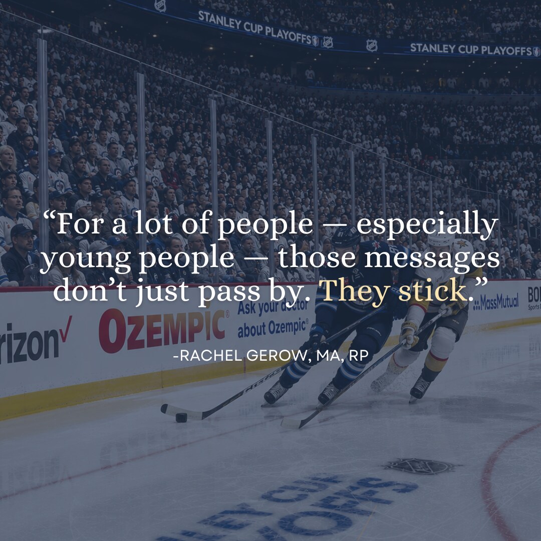 Hockey playoff arena with Ozempic advertisement discussing weight loss messaging in sports culture
